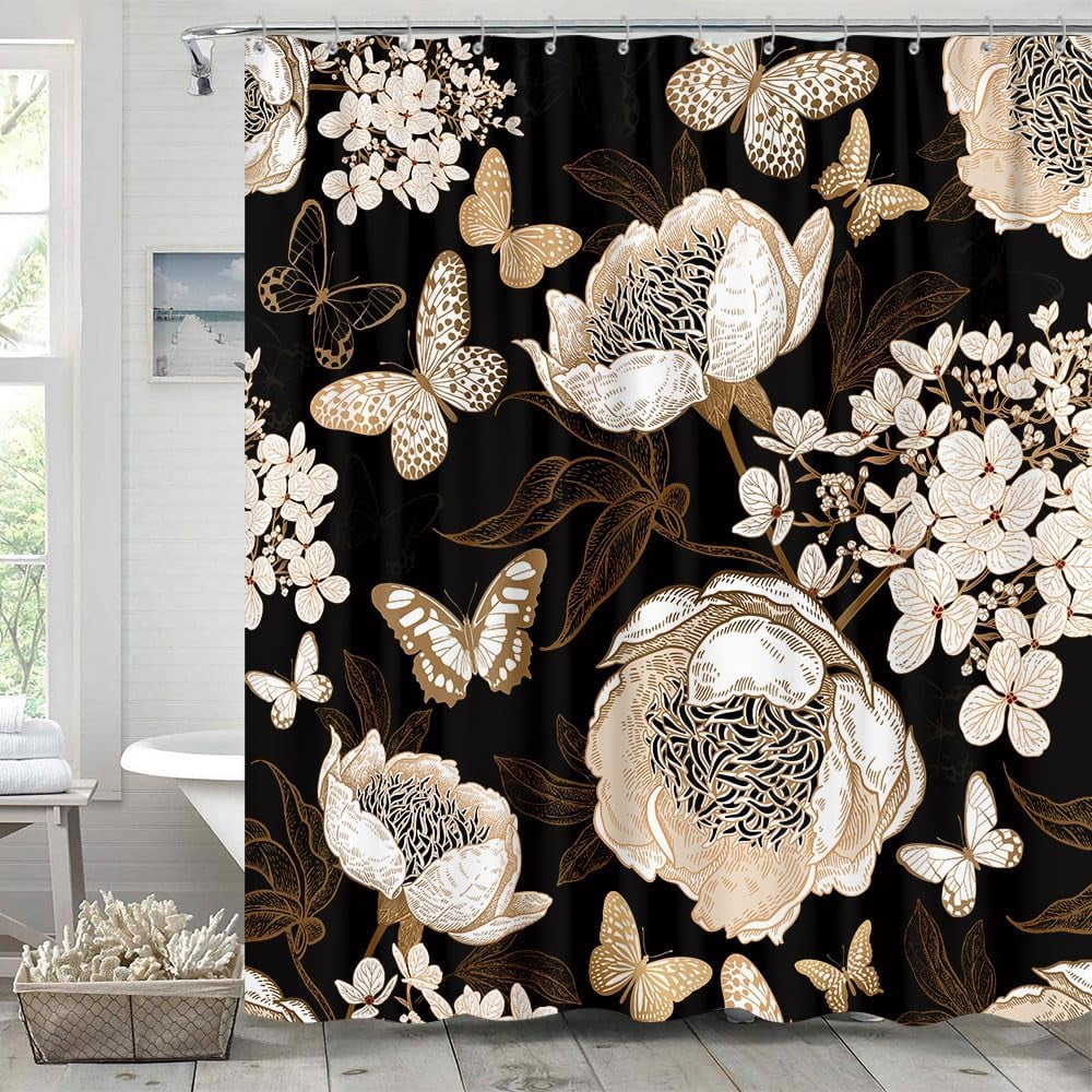 Black and Gold Floral Butterfly Shower Curtain, Boho Dark Flowers Botanical Aesthetic Shower Curtain for Bathroom with Hook, Vintage Moth Farmhouse Unique Chic Shower Curtain Set with Hooks 72X72