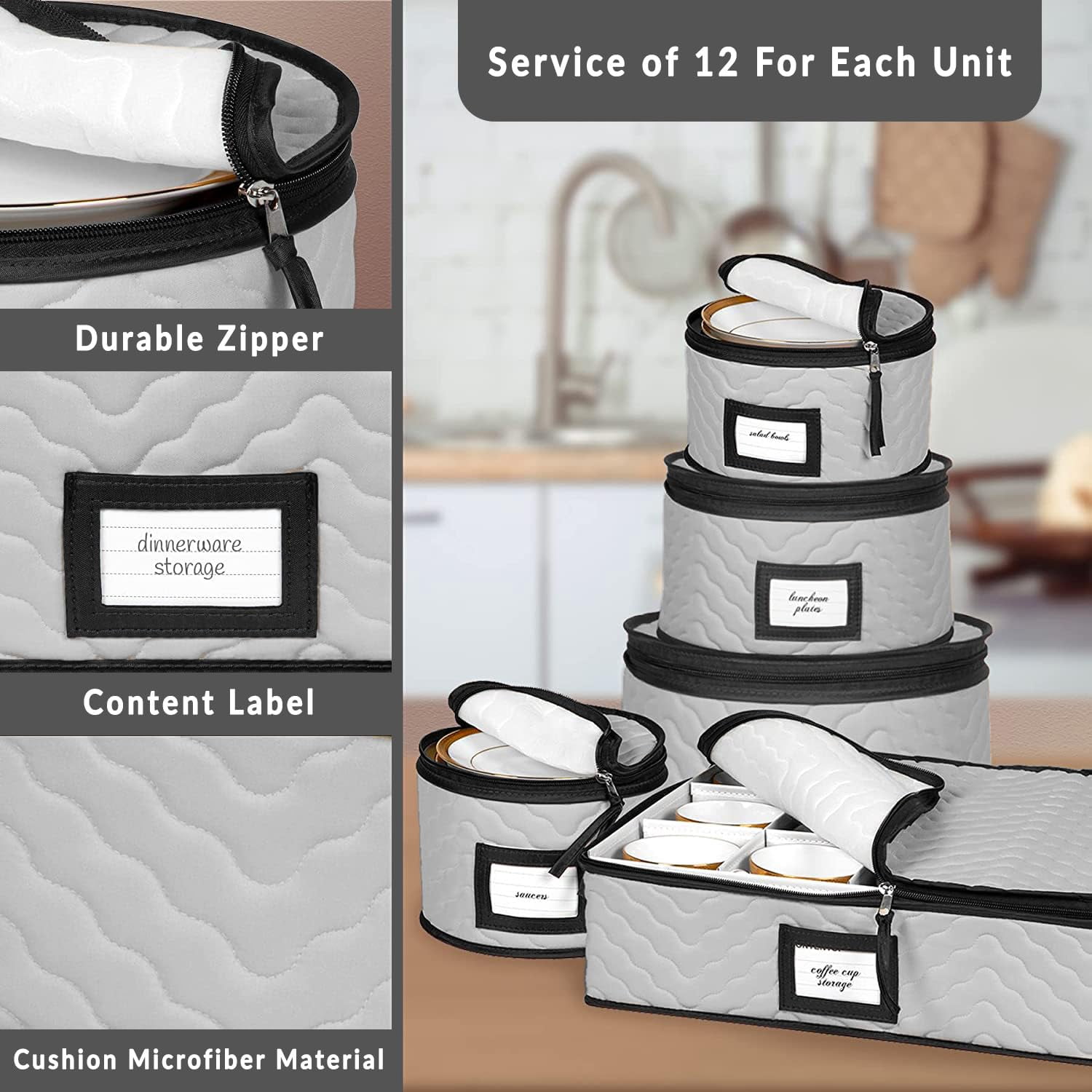 China Storage Containers 5-Piece Set Moving Boxes for Dinnerware, Glasses, Plates, Mugs and Saucers Sturdy Quilted Microfiber Dish Organizer with Dividers for Seasonal Storage - Holds Set of 12