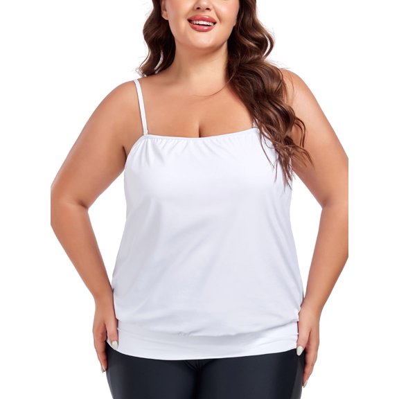 Ocean Blues Removable Straps Women's Plus Size Loose Fit Blouson Bandeau Tankini Top Bathing Suit Strapless Tankinis Swimsuits White