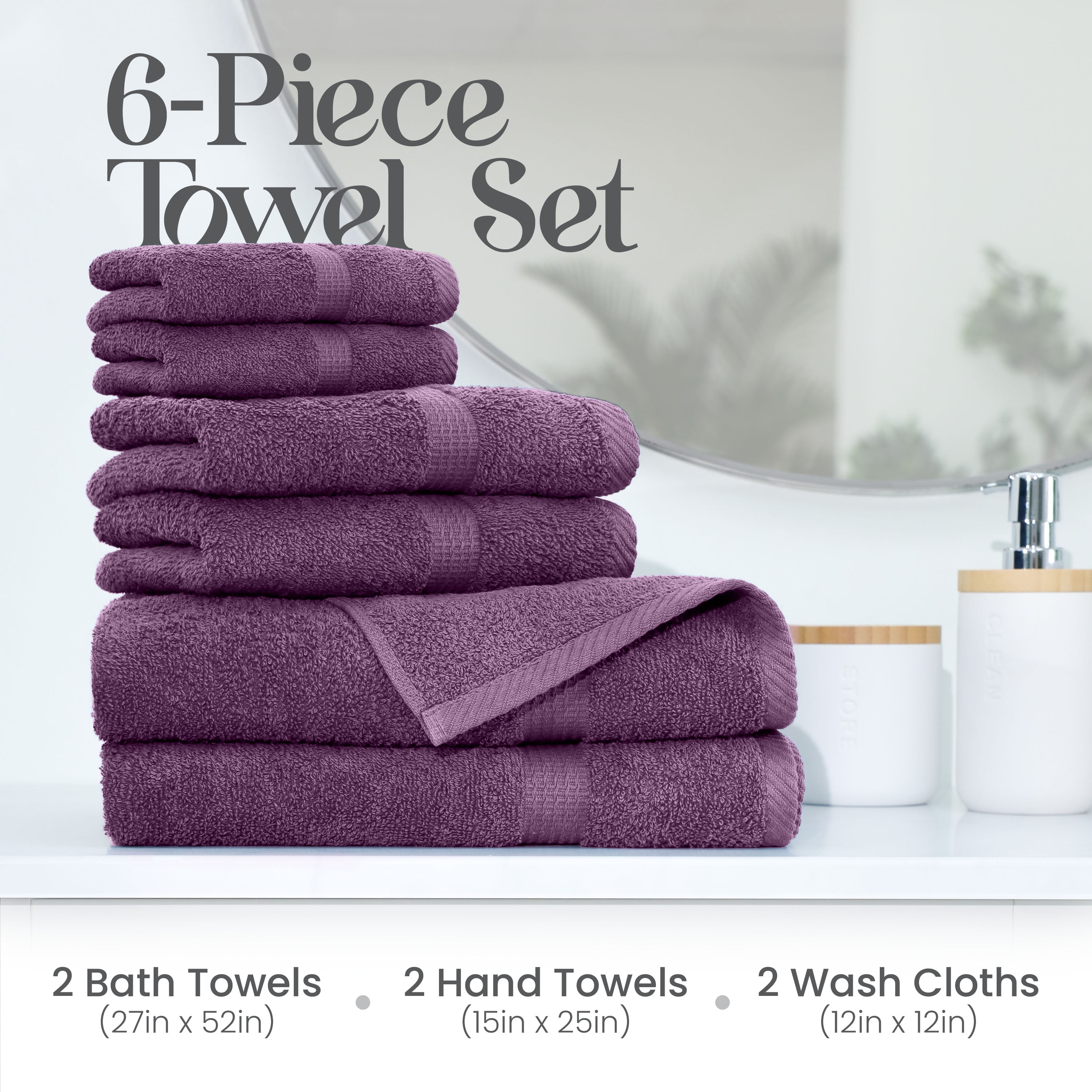 Utica 6-Piece Towel Set | 100% Cotton Soft & Absorbent Everyday Towels | Plum