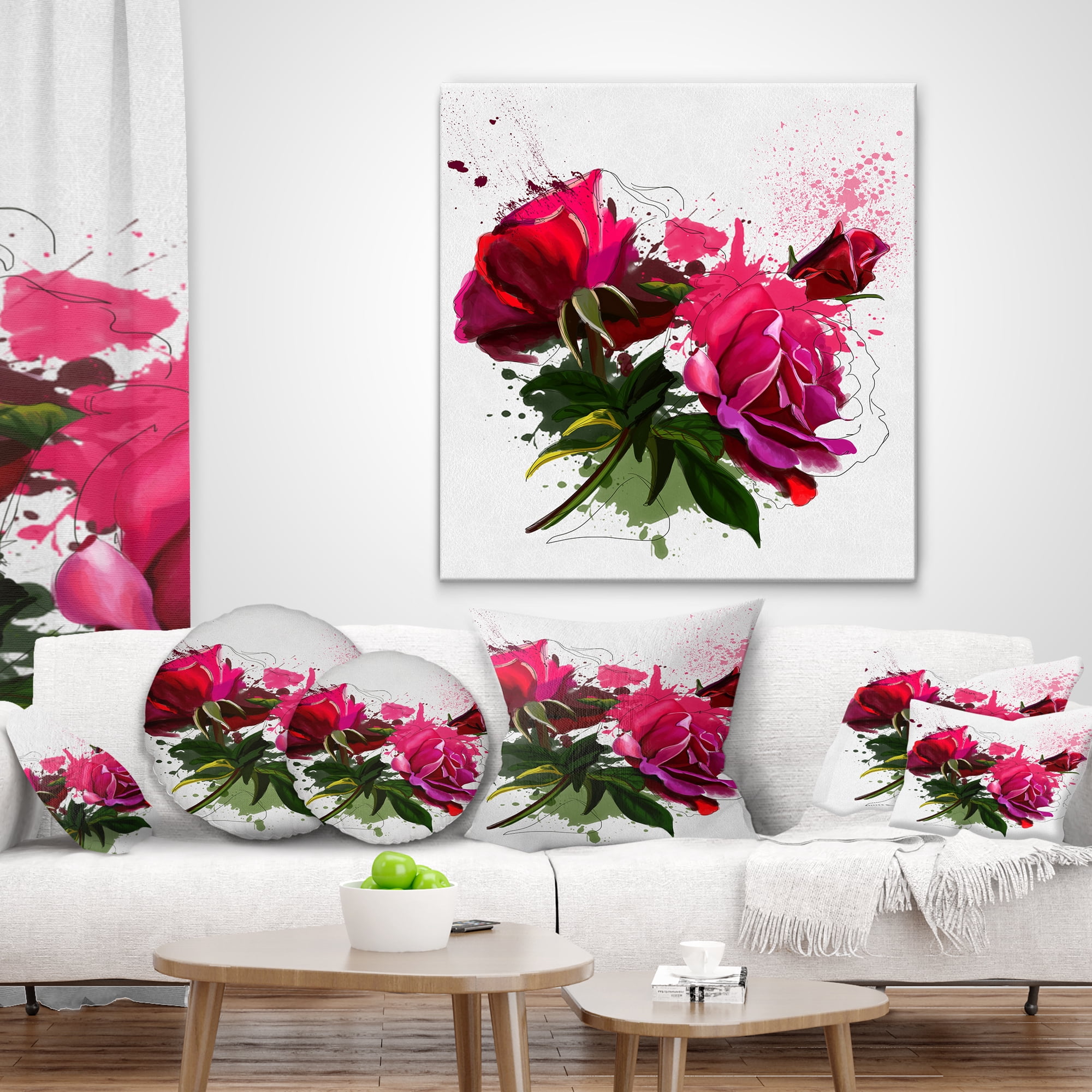 Designart Red Peonies Sketch Watercolor - Floral Throw Pillow - 12x20