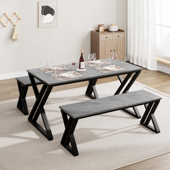 Space Saving Dining Table Set with 2 Benches, 3 Piece Kitchen Table Set for 4, Tuck-Under Bench Seating, MDF Wood Top and Metal Frame with X-Legs, Easy Clean, For Apartment or Dining Room,Grey