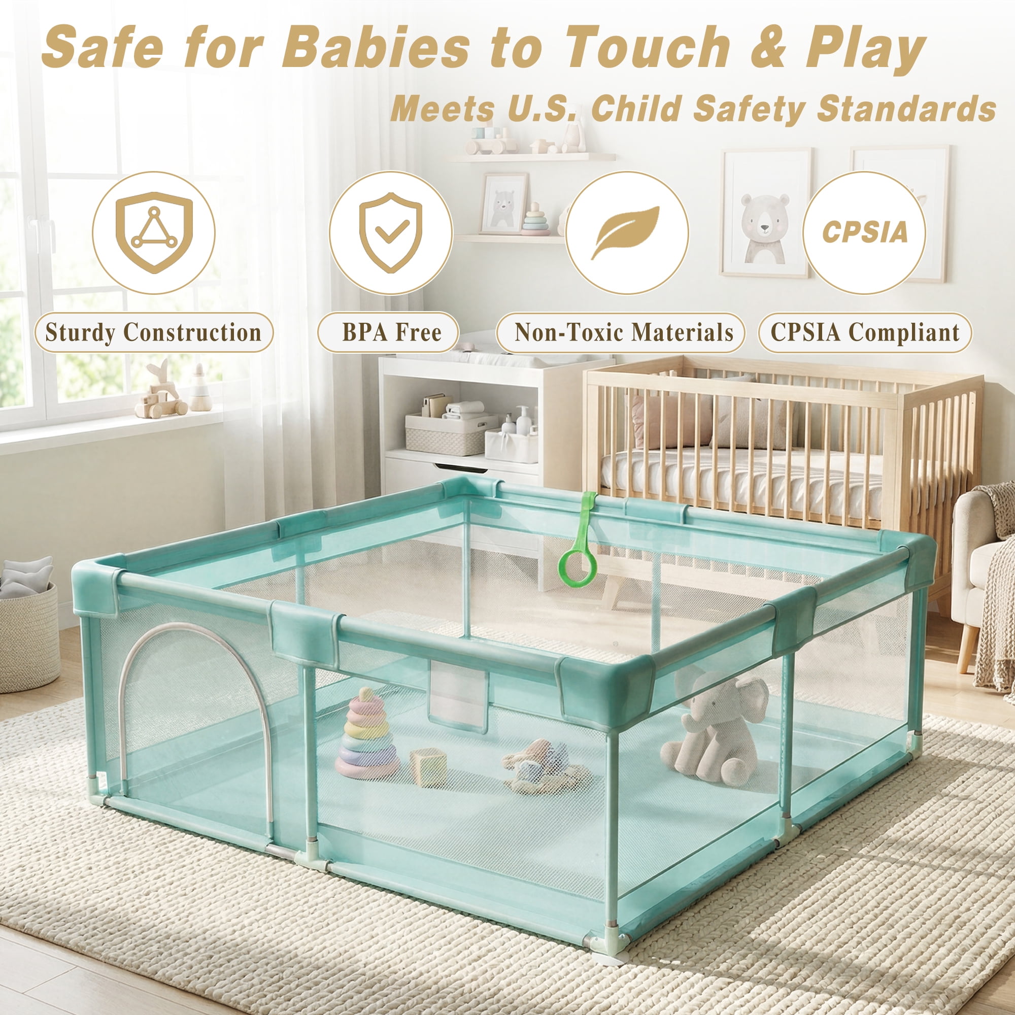 Easy4Home Large Baby Playpen 60"x60" Toddler Play Yards Safety Fence, Pale Green