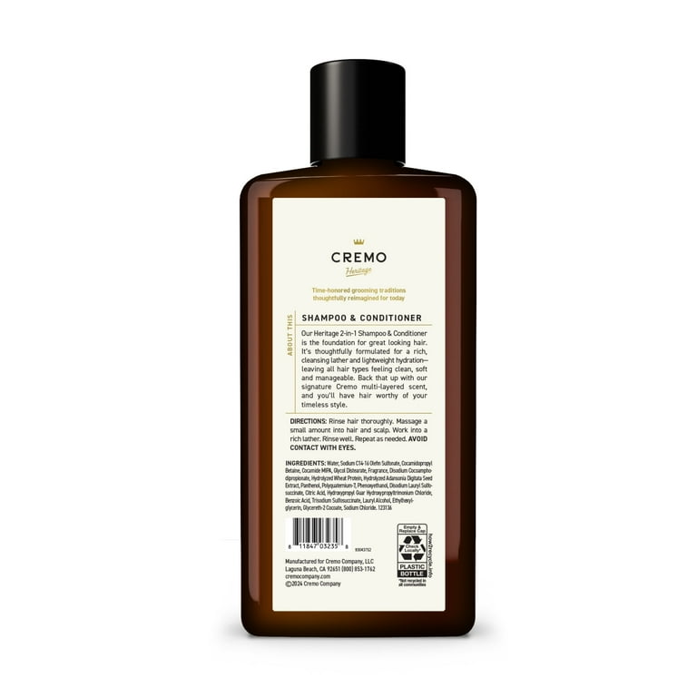 Cremo 2-in-1 Mens Shampoo & Conditioner, Bourbon Vanilla Scent, 16