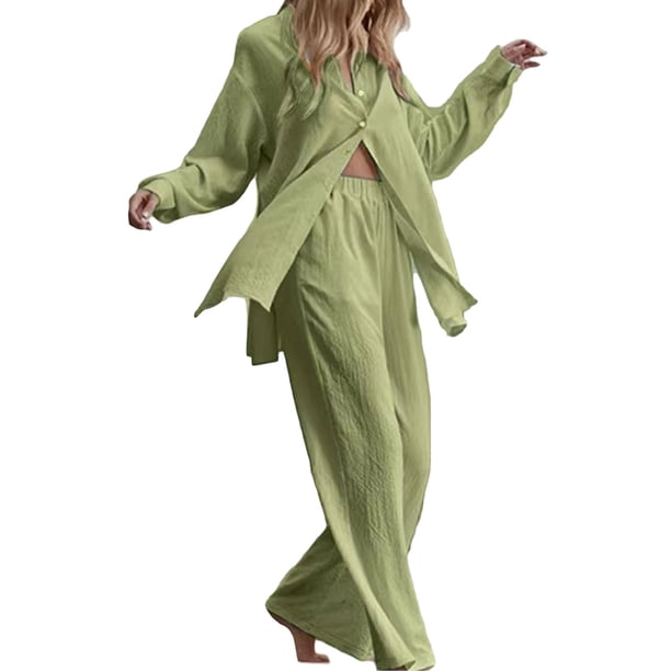 SAYOO Trajes casuales para mujeres, blusa de manga larga con solapa de color sólido + pantalones elásticos SAYOO moda
