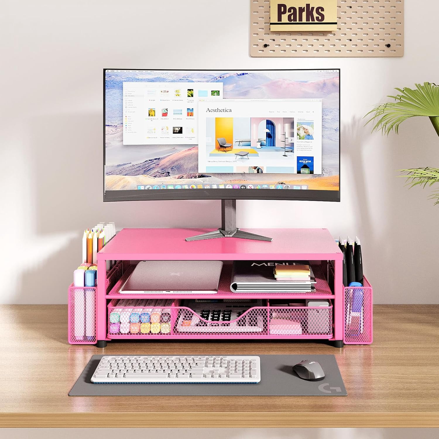 A house of tools Desk Organizer and Accessories, 2-Tier Computer Monitor Stand with Drawer and 2 Pen Holders, Office Desk Accessories for Office Supplies, Carmine Rose