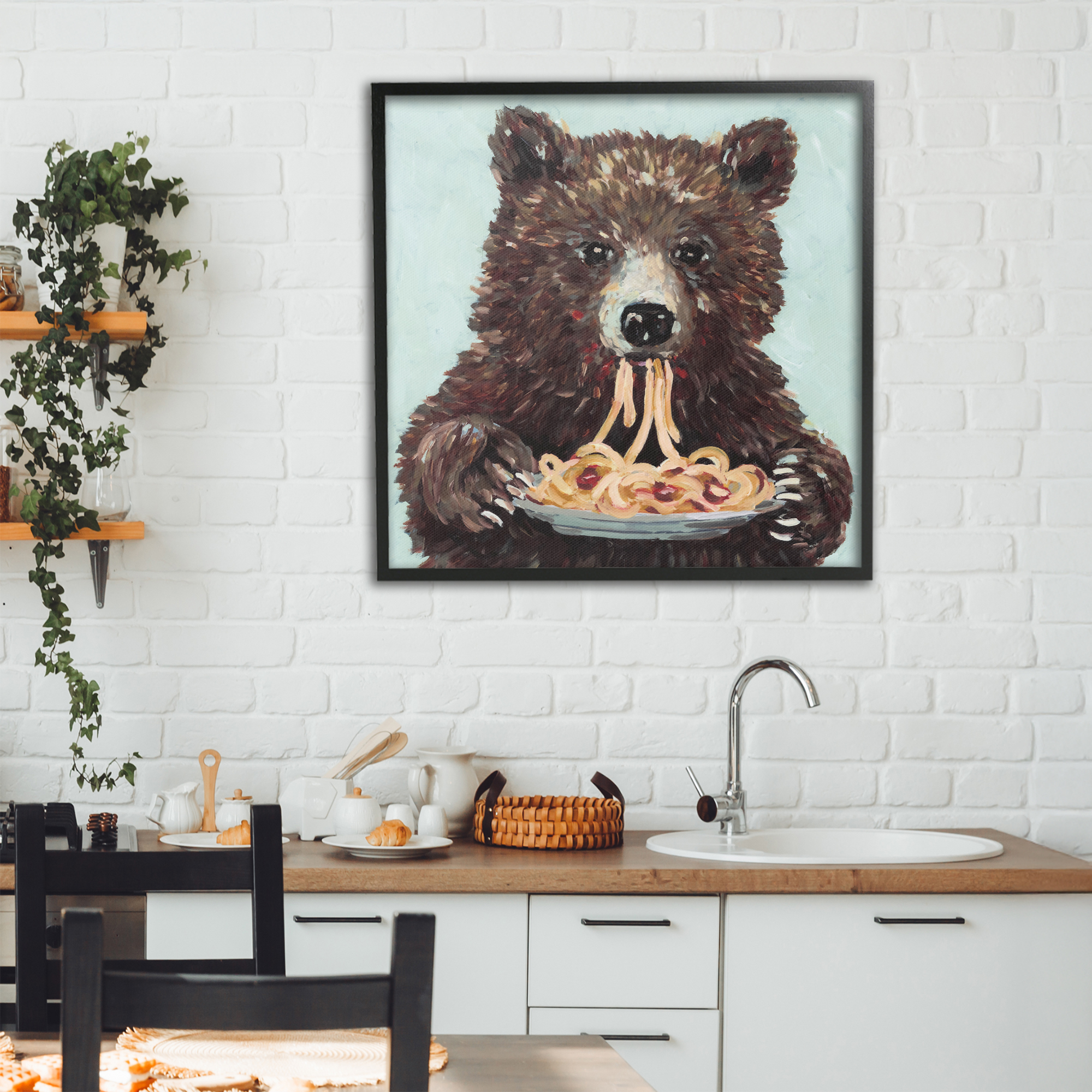 Whimsical Bear & Spaghetti Black Framed Giclee Art, design by Studio Bautista