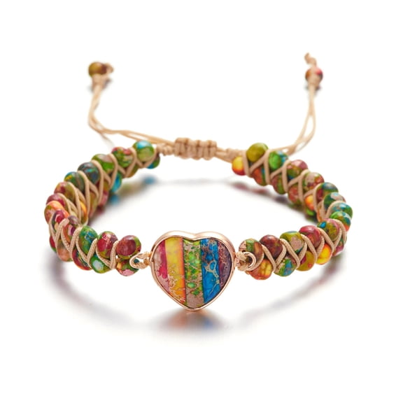 Weloille Double Winding Emperor Stone Heart Bracelet Hand Woven Natural Stone Beaded Heart Bracelet