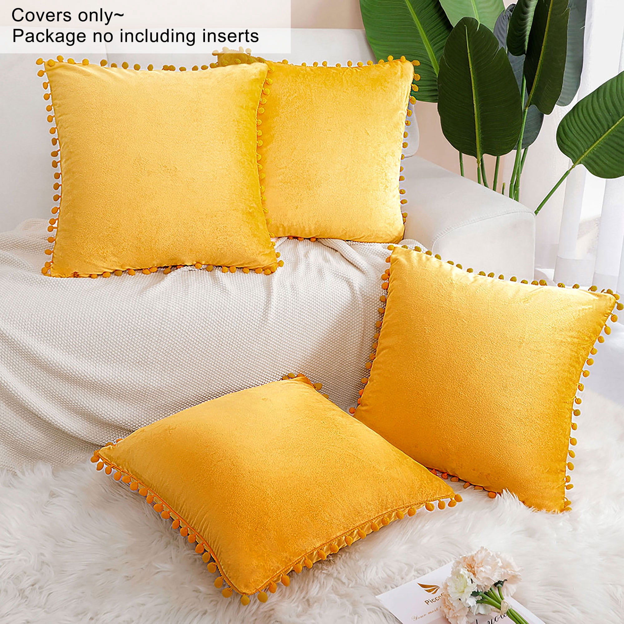 Unique Bargains Velvet Pillow Cover with Poms for Sofa 4PCS Gold 20" x 20"