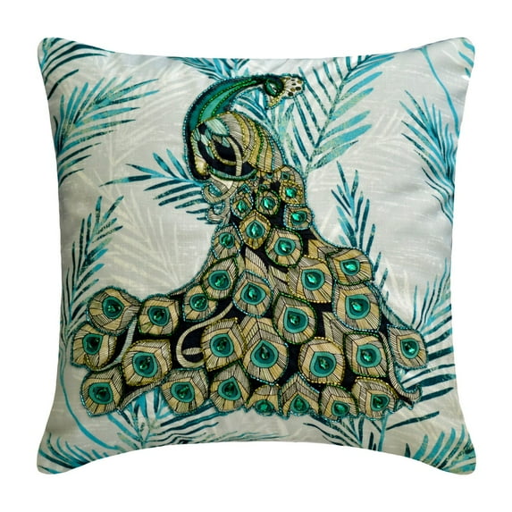 Throw Pillow Covers, Teal 22"x22" (55x55 cm) Throw Pillow Covers, Cotton Peacock Throw Pillows For Couch, Birds Pattern Contemporary Style - Art Nouveau Peacock