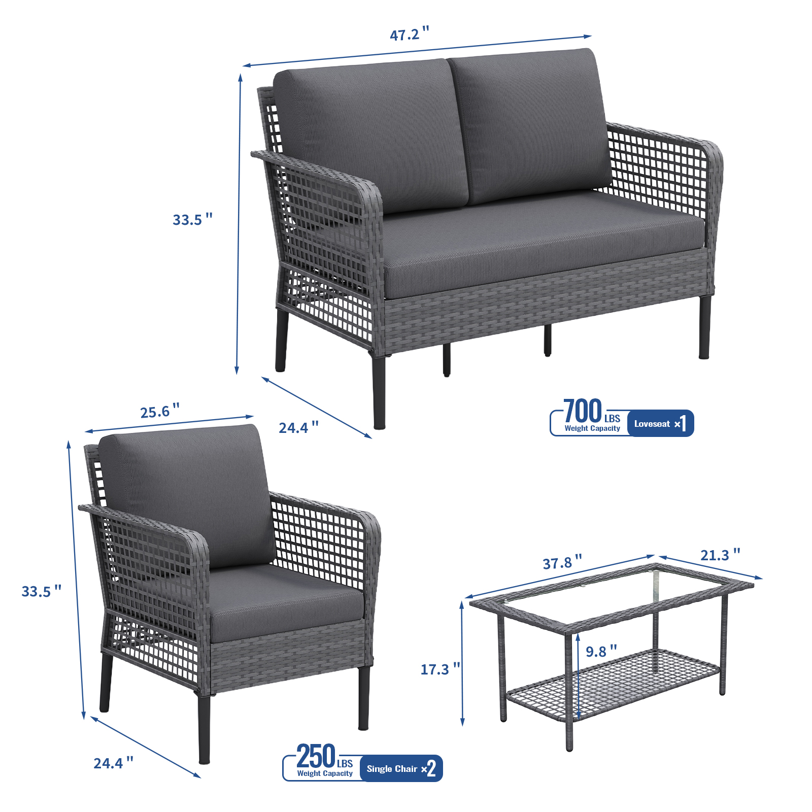 ELPOSUN 4 Pieces Patio Furniture Set, All-Weather Wicker Outdoor Furniture Set for Porch, Patio Conversation Set for Backyard, Balcony, Gray/Gray