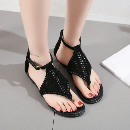 

LoyisViDion Women Shoes Clearance Vintage Women Breathable Hollow Woven Buckle Strap Flat Sandals Slippers Special offers Black 8.5