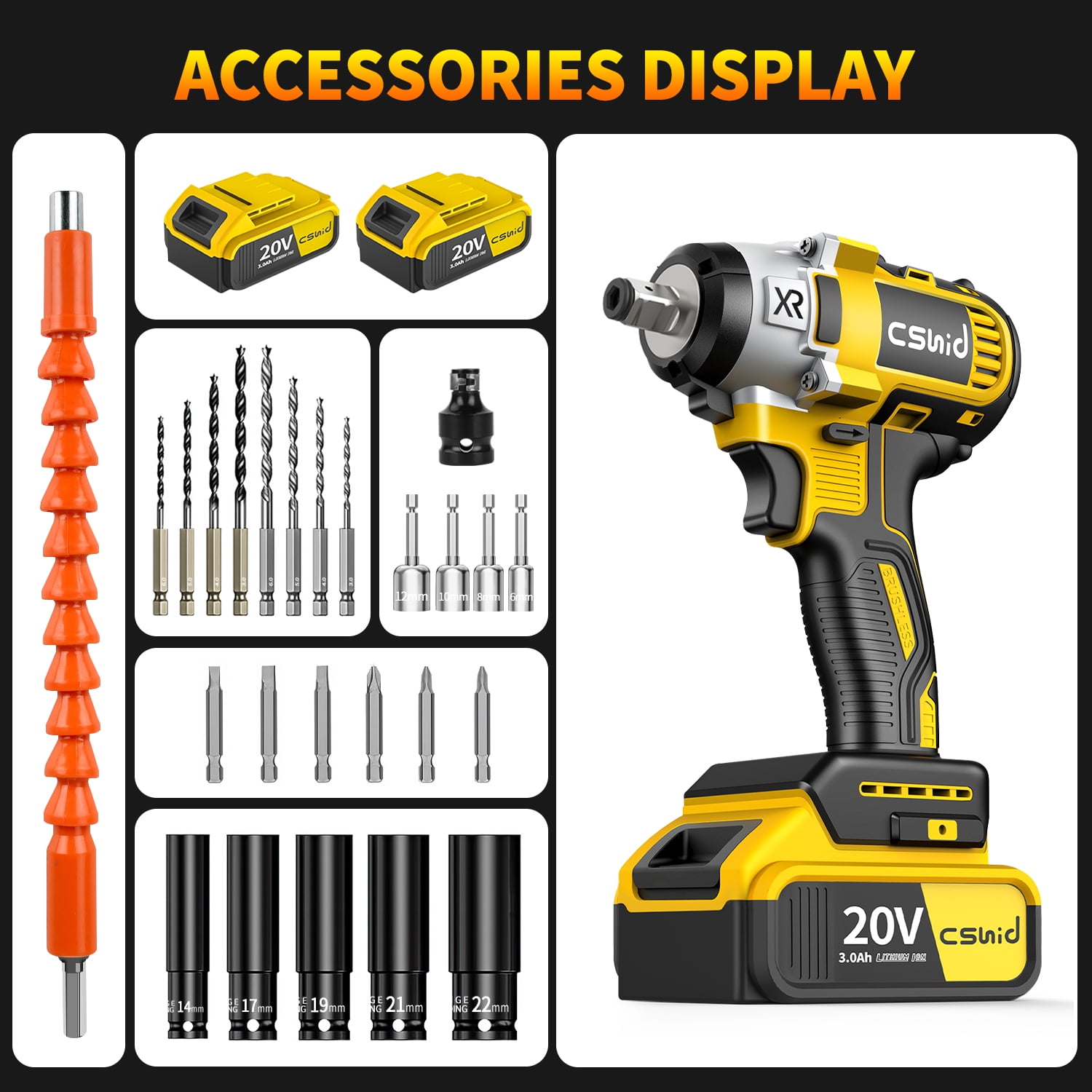 Cshidworld Cordless Impact Wrench 1/2", 20V Powerful Brushless Motor w/ 2-Mode Speed, Power Impact Wrench W/ 5 Sockets,8 Drill,6 Screws, Max Torque 280 ft-lbs (380N.m), Includes 2 x 3.0A Batteries