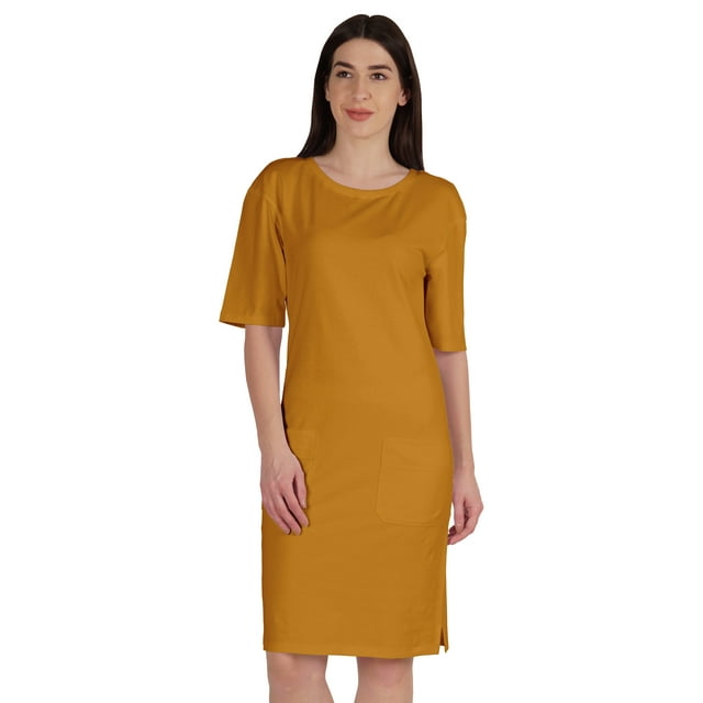 Inkmeso Robe T-Shirt pour Femmes à Manches au Coude, Coupe Régulière, avec Poches avant