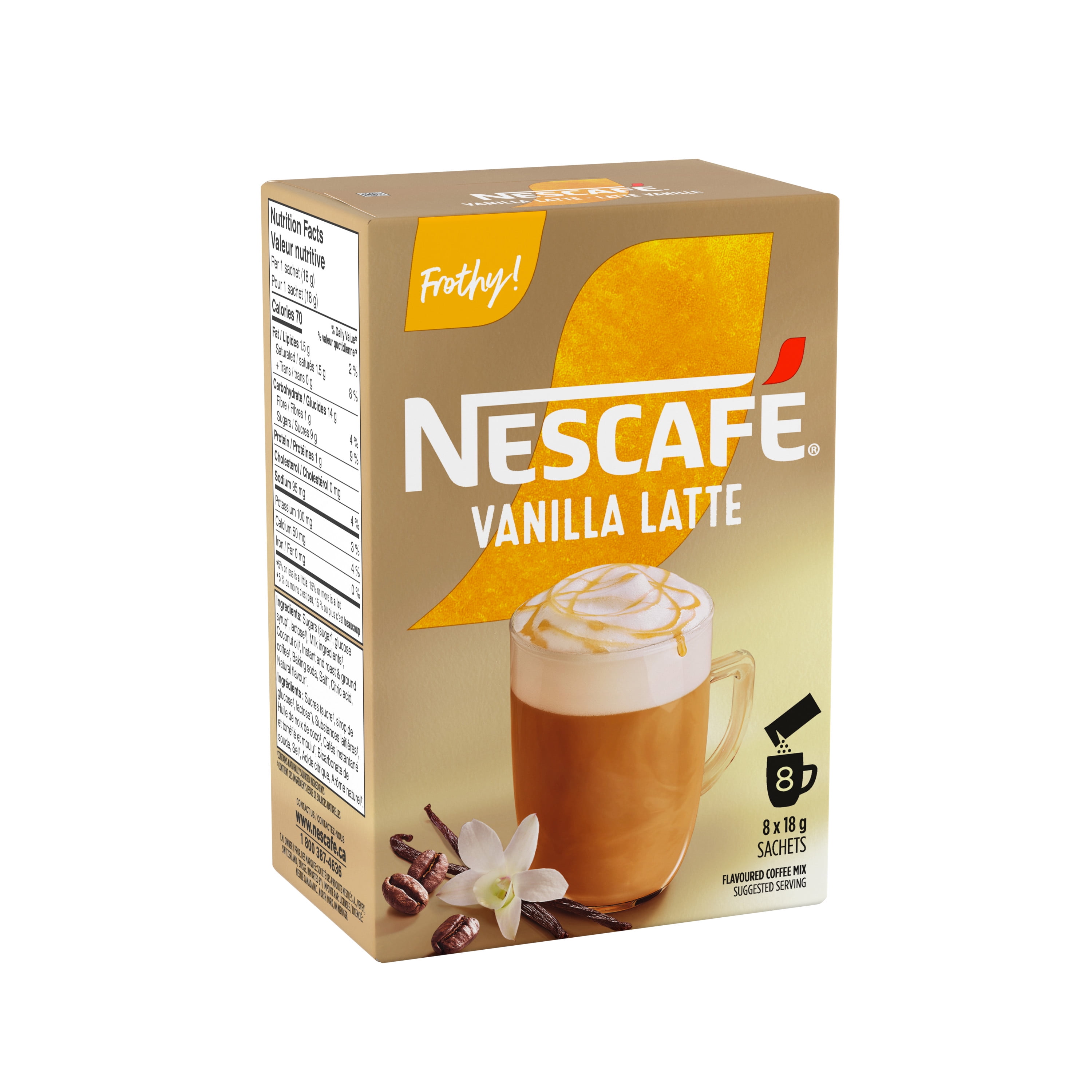Vanilla latte frothy instant coffee mix, Just add hot water, Responsibly sourced coffee, No artificial colours, No artificial flavours, No wweeteners, 148 g
