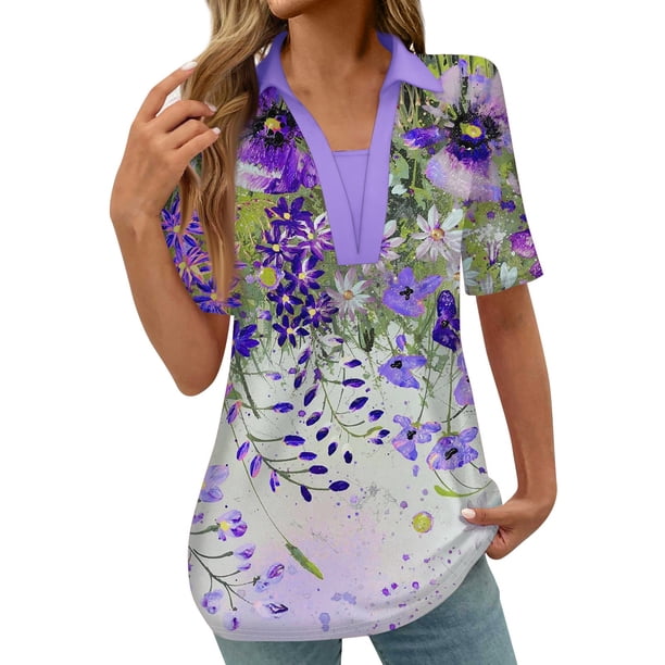 Tops Cortos para las Mujeres Blusas Impresas Manga Corta Turndown Collar Camiseta, Tops de Blusa para las Mujeres Casual