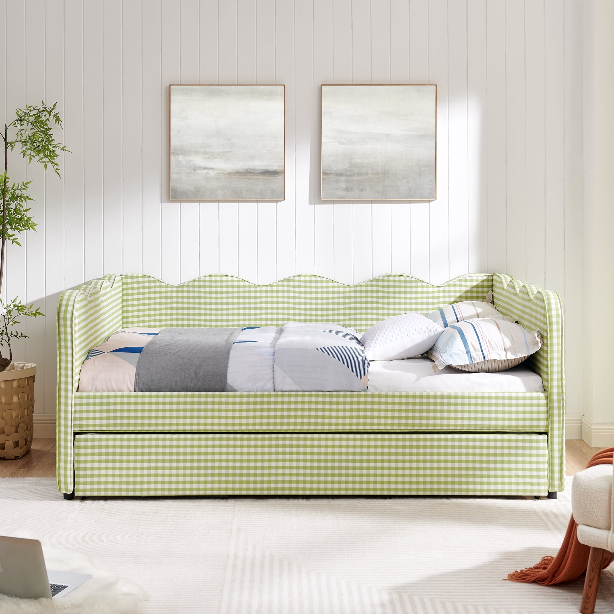 Full Size Daybed with Trundle and USB Port Upholstered Sofa Bed Gingham Linen Kids Guest Bed Frame, No Box Spring Needed, Green