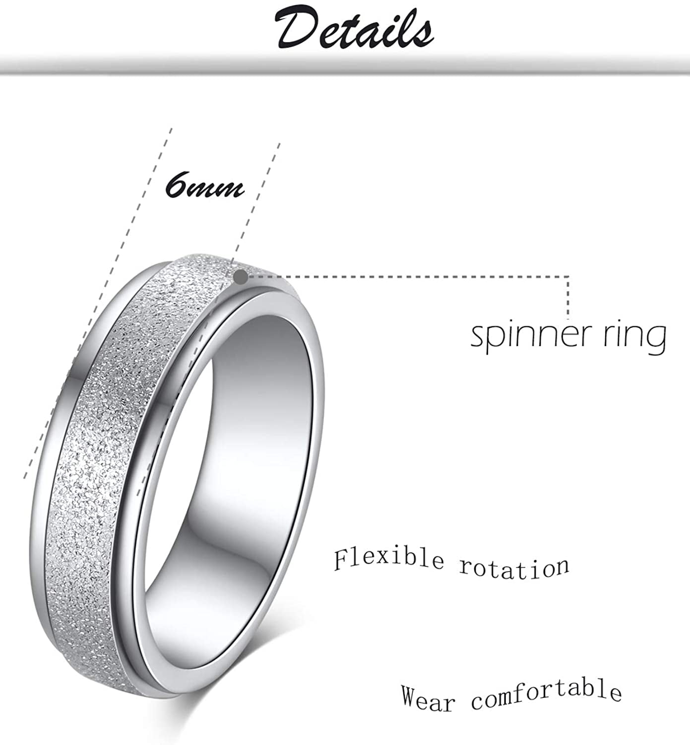 Rotating Stainless Steel Spinner 3 Cubic Stones Band Ring Comfort Fit 6mm Silver 