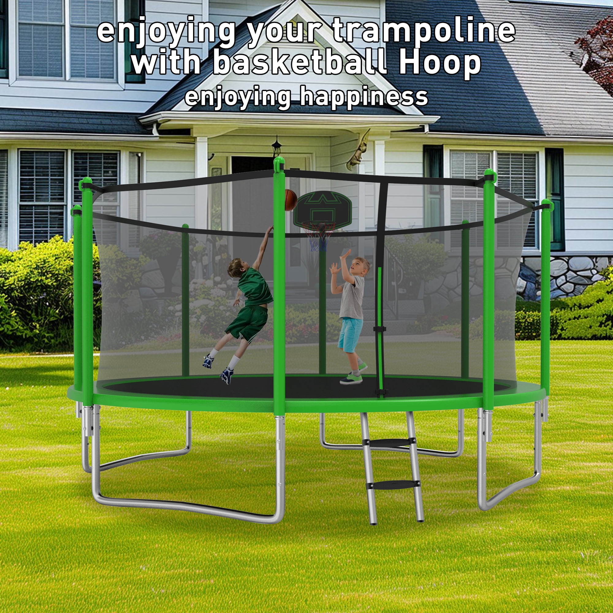 XMIKA Trampolines 14FT 15FT 16FT, Trampolines for 4-6 Kids/1-2 Adults, 1400LBS Outdoor Trampolines with Enclosure Net, Basketball Hoop, Ladder, Heavy Duty Recreational Trampoline, Fast Assembly