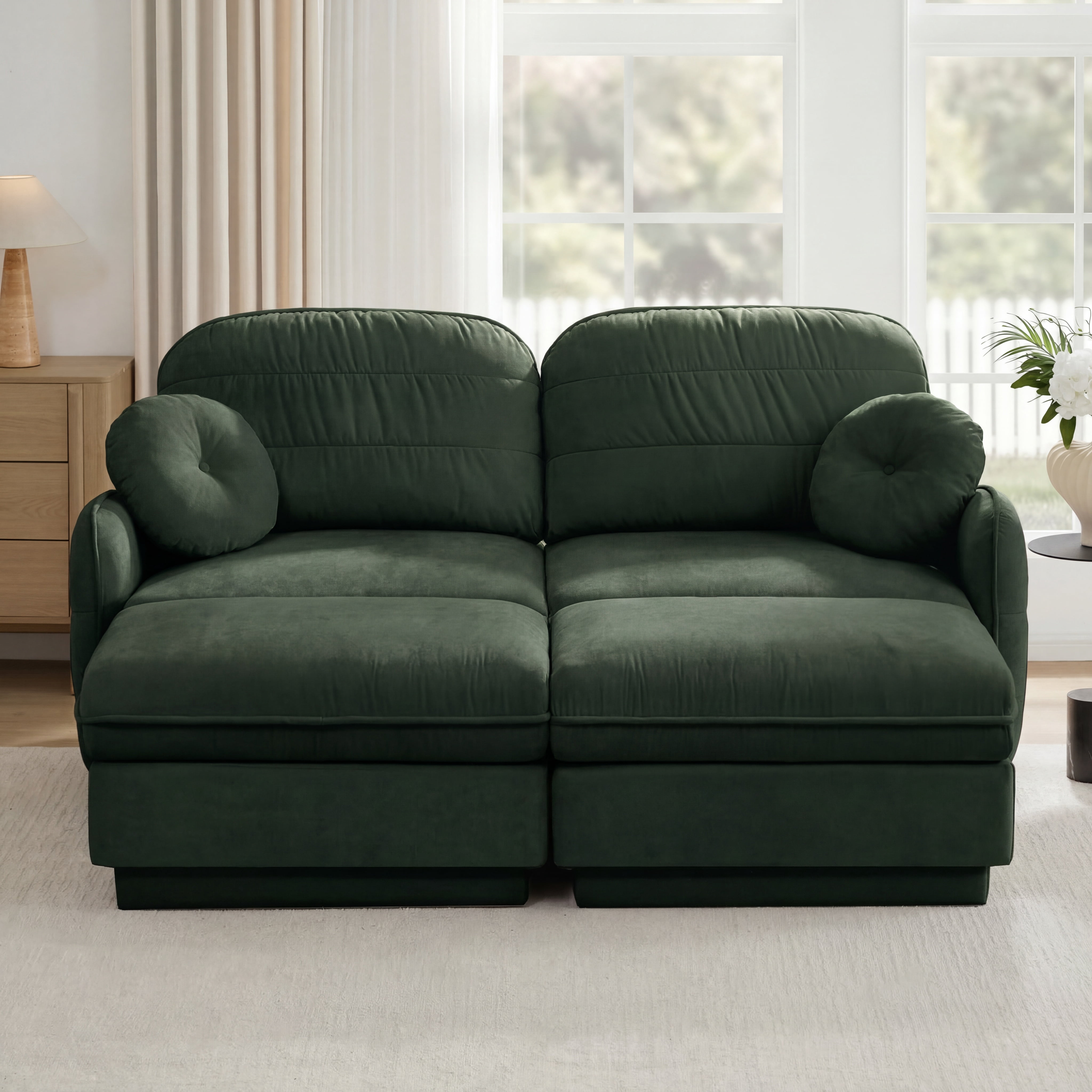 Mintazer Chenille Cloud Loveseat Sofa with 2 Movable Ottoman and Round Pillows, U-Shaped Ergonomic Sofa Couch for Living Room, Bedroom, Green