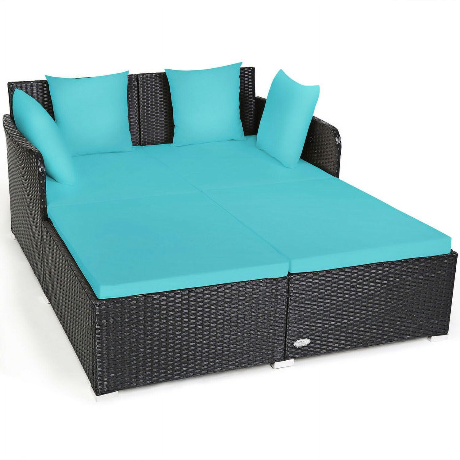 Aimee Lii Spacious Outdoor Rattan Daybed with Upholstered Cushions and Pillows, Outdoor Deck Furniture, Turquoise