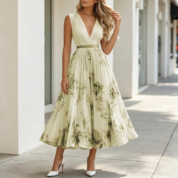 QUNYINEY Elegant Dresses for Women Wedding Guest Formal Long Floral Sleeveless A Line Dress Pleated V Neck Slim Fit Flowy Summer Dresses