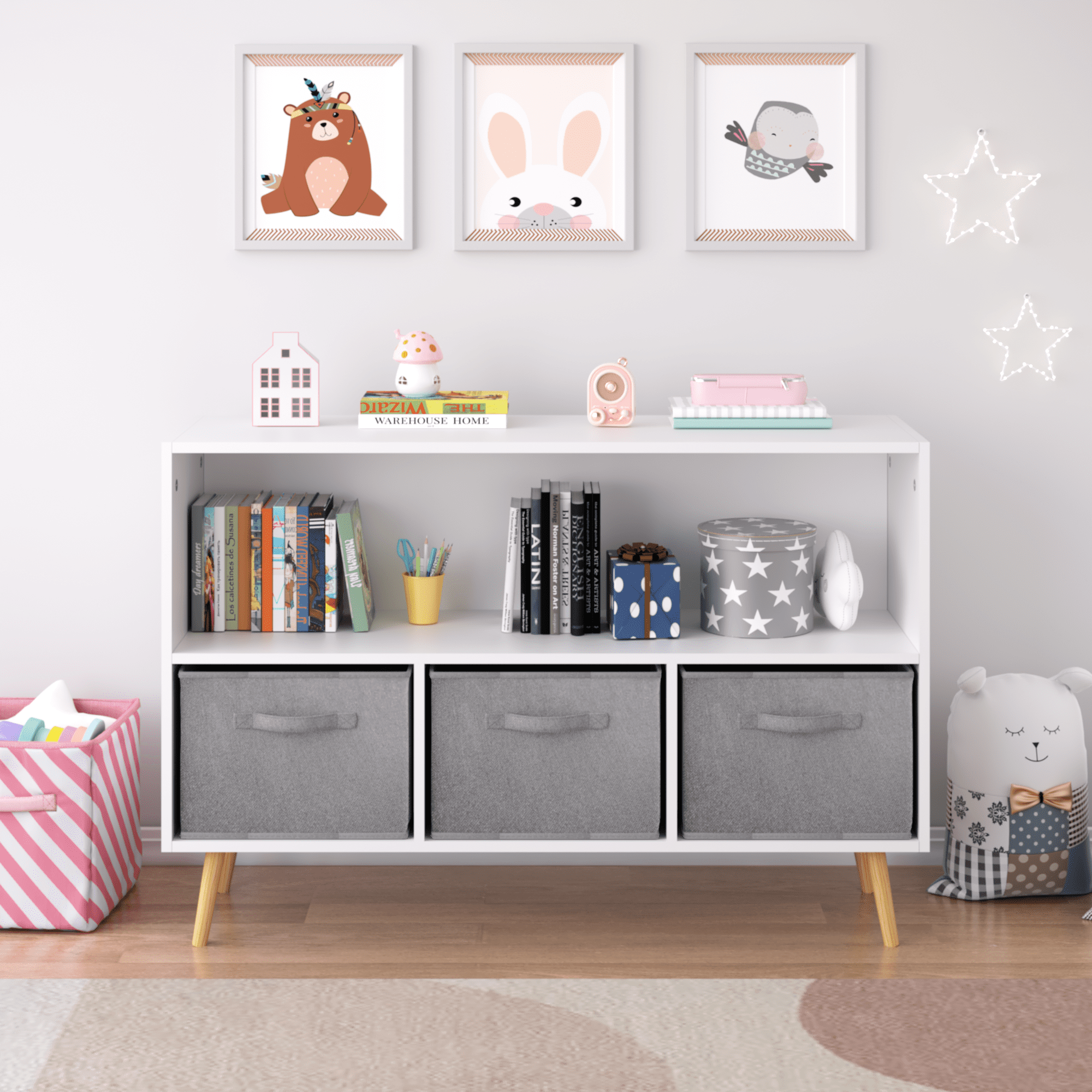White & Gray Kids Bookcase with Fabric Drawers, MDF Storage Organizer for Toys & Books, 35.4"x11"x23.6", Wall-Safe Design, Easy Assembly