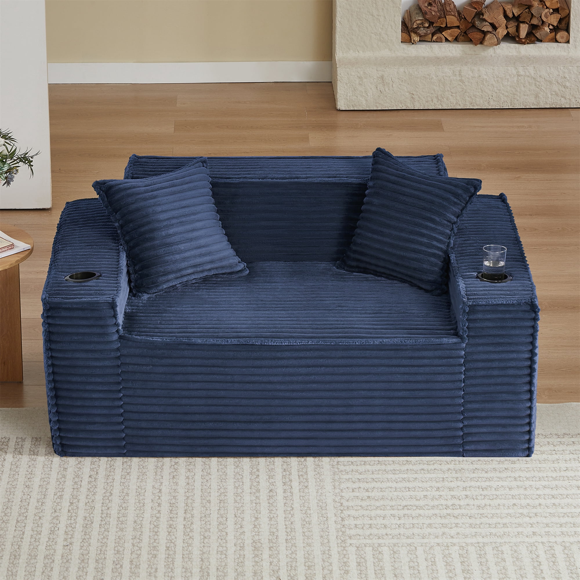 Aukfa 3 Piece Boneless Couch Set, Small Loveseat Cloud Sofa for Living Room, 2 Cup Holders&Storage Pockets, Corduroy, Blue