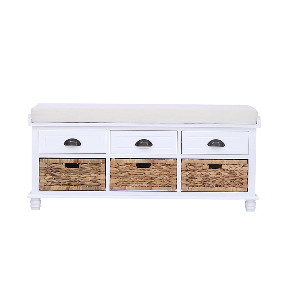 Kepooman Storage Bench Cube, Removable Cushion Storage Chest with 3 Drawers & 3 Rattan Baskets for Entryway, Hallway, Living Room, Bedroom, White Kepooman Storage Bench Cube, Removable Cushion Storage Chest with 3 Drawers & 3 Rattan Baskets for Entryway, Hallway, Living Room, Bedroom, White