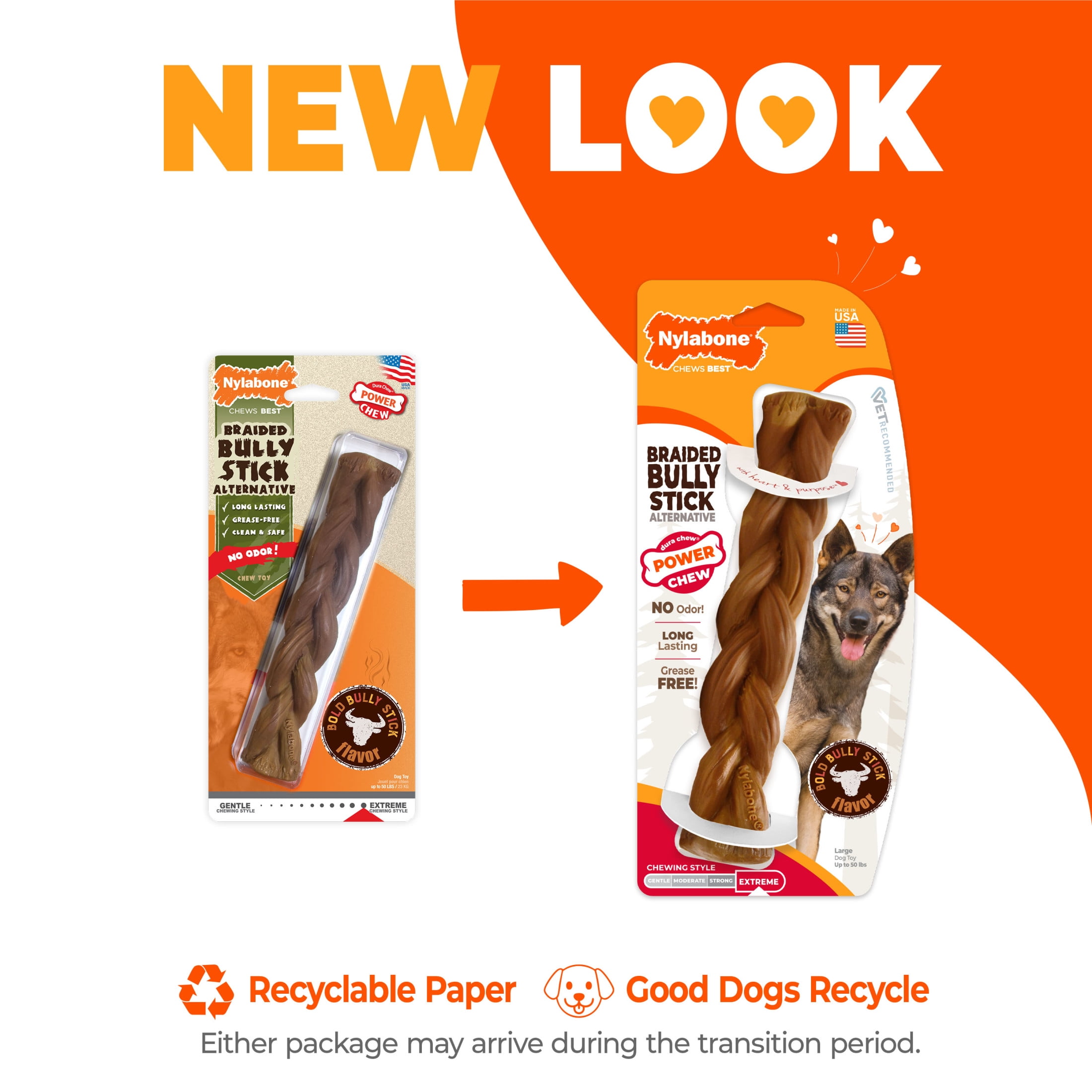 (4 pack) Nylabone Power Chew Braided Bully Stick Alternative Dog Toy, Dog Chew Toy, Bully Stick Flavor, Large, 1 Count