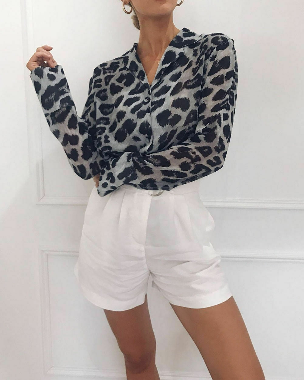 Womens Leopard Print V Neck Shirt Tops OL Casual Long Sleeve T-Shirts Blouses