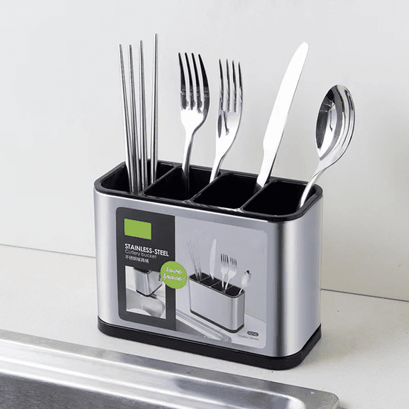 Countertop Utensil Drying Holder, Stainless Steel Cutlery Drainer, Tabletop Separated Storage Box for Fork, Chopstick, Kitchen Cutlery Organizer