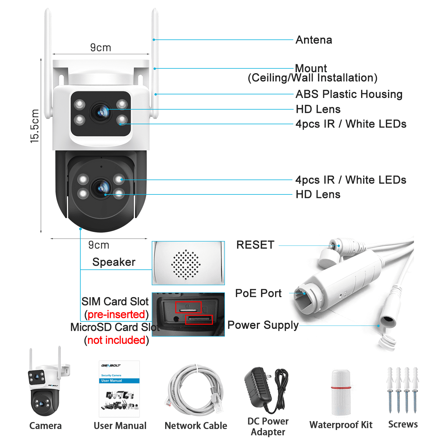 GENBOLT 4G LTE Cellular Security Camera Outdoor No WiFi, Dual Lens PoE Surveillance Camera CCTV with Sim Card, 24/7 Recording Plug in Wired IP Cam with Auto Tracking Human Detection