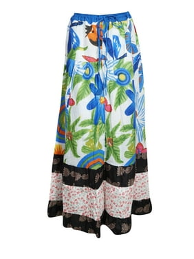 Mogul Women Floral Blue Cotton Long Skirt Tiered Printed Comfy Summer Boho Chic Beach Skirts