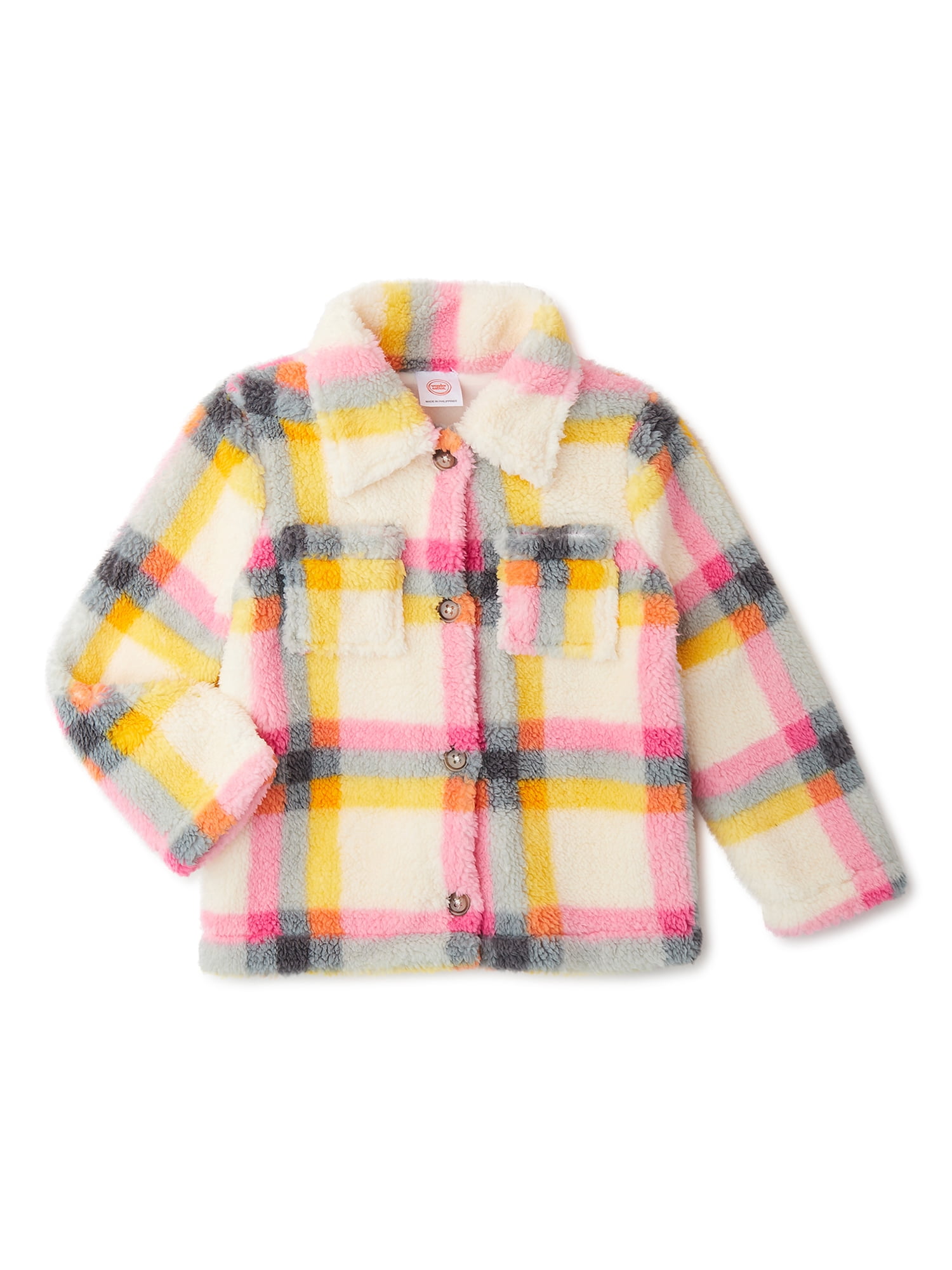 Wonder Nation Baby and Toddler Girl Faux Sherpa Plaid Jacket, Size 12M-5T