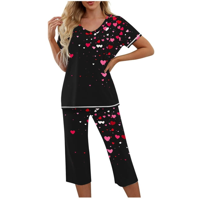 TIMIFIS Valentines Day Pyjamas pour Femmes - Ensembles de Pyjama pour Femmes 2 Pcs - Haut à Manches Courtes Décontracté à Col Ras du Cou et Pantalon Capri Ensembles de Pjs Vêtements de Nuit Vêtements de Détente