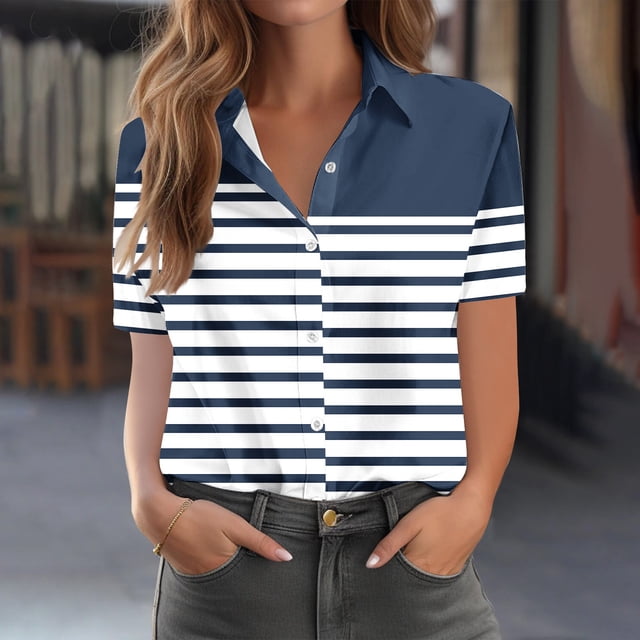 TaTaai Women's Versatile Short Sleeve Button Front Open Collar Print Top Summer Casual Work Shirt Relaxed Fit Holiday Plus Size Gift