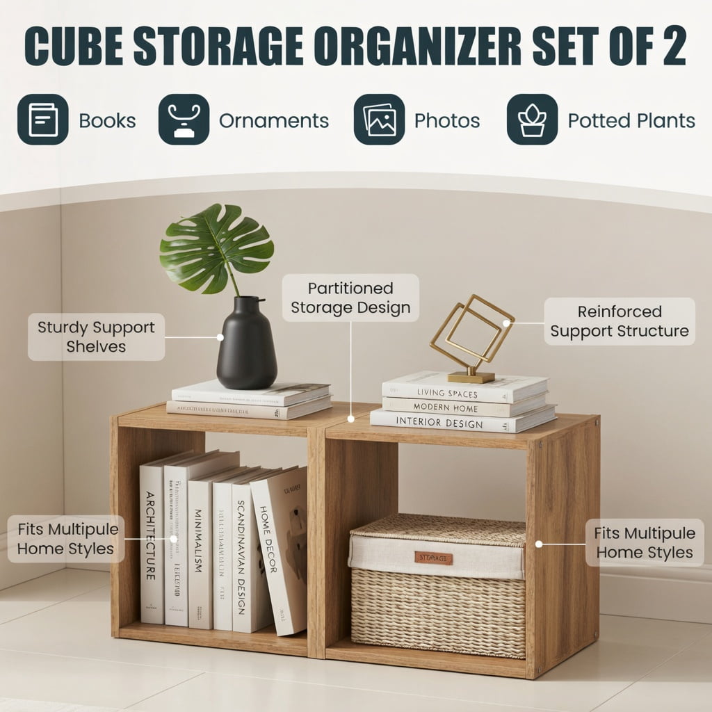 Demi Bonn 2-Tier Cubes Stackable Bookcase for Living Room and Study, Freestanding Display Shelf Bookshelf, Beige