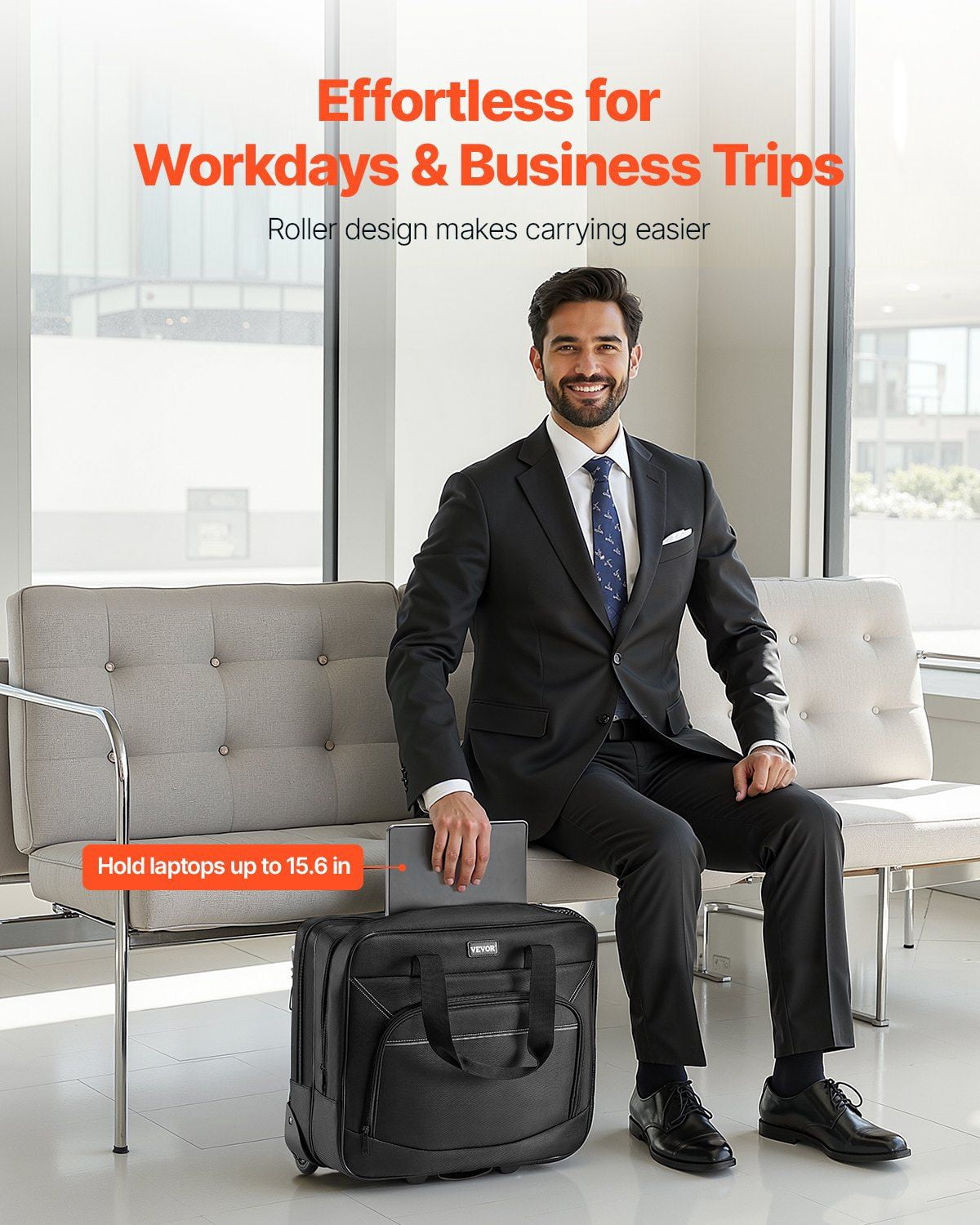 Black Rolling Laptop Bag 15.6 Inch, Wheeled Computer Briefcase for Office & Business, Stylish Work Bag for Women & Men