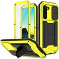 thumbnail image 1 of Rugged Heavy Duty Case for Samsung Galaxy S22, Triple-Layer Armor Military Grade Shockproof Kickstand Cover with Screen Protector Camera Lens Sliding Metal Frame Dustproof Protective Case, Yellow, 1 of 7