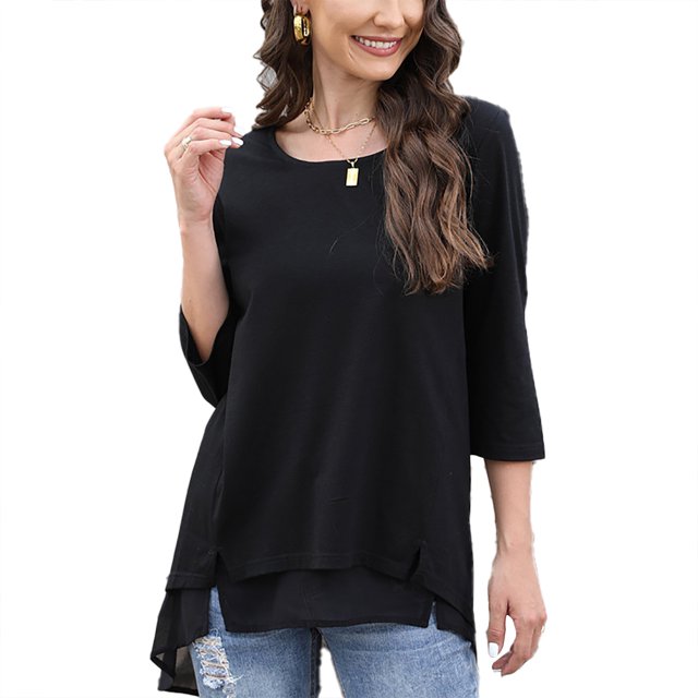 Suéter Suelto Para Mujer Parte Superior Transpirable De Manga Tres Cuartos Tela Suave Cuello Redondo Dobladillo Empalmado Para Viajes Para El Día A Día ANGGREK Ropa
