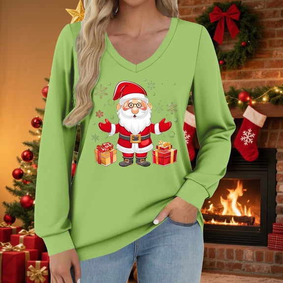 asdoklhq Christmas Christmas Shirts for Women Fashionable and Casual Loose Christmas V-neck Long Sleeved T-shirt Top Green M