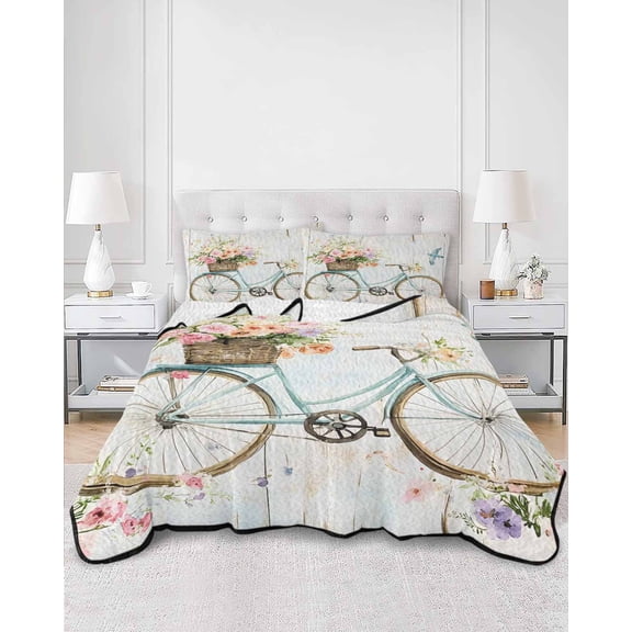 Quilts Twin XL Size, Vintage Floral Bicycle Soft Comforter Bedding Set for Bed, Spring Farmhouse Bird Wood Lightweight Quilted Bedspread with Pillow Cover(2 Pieces) for All Season, 68x98 Inch