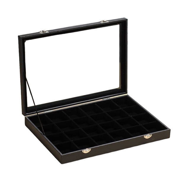 Bandeja de terciopelo para joyería, anillo, pendiente, a prueba de polvo, cajón para el hogar, organizador de collares con tapa, soporte Almacenamiento y organización del hogar 24 cuadrículas Ounissouiy HA076010-03