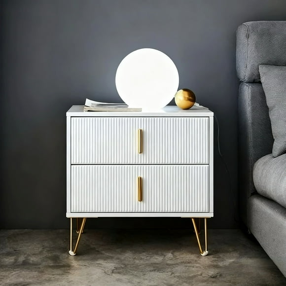 GStone Modern Nightstand High Glossy Finsh with 2 Deep Drawers Easy to Clean, Bedside Table with Fluted Panel, Soild Metal Handles & Legs, End Table for Bedroom or Living Room