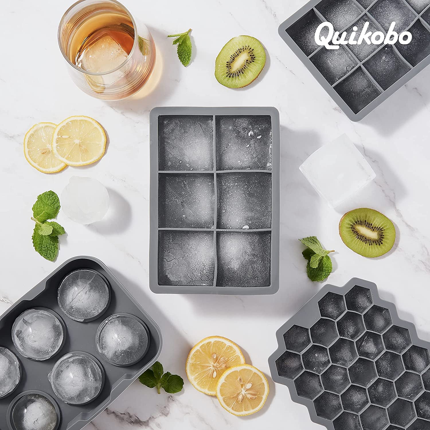 Ice Cube Tray, Ice Trays for Freezer With Lid, 3 Pack Silicone Large Round Ice Cube Tray, Sphere Square Honeycomb Ice Trays for Whiskey With Covers&Funnel,Reusable Ice Cube Trays BPA-Free Gray