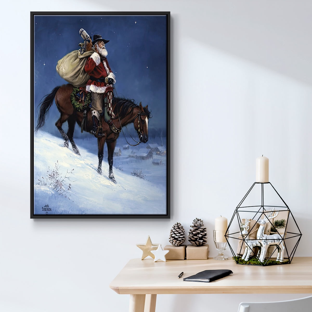 A Cowboy Christmas - Framed Gallery Wrapped Holiday Canvas - 25 x 17 - Black Frame