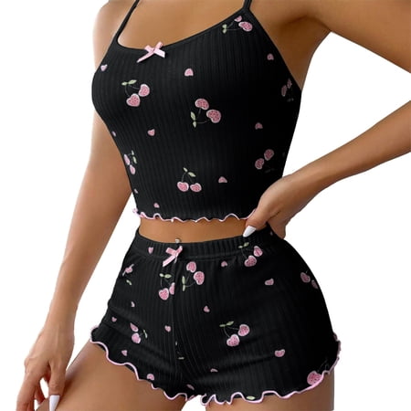 Tweang Camisole Shorts Set Cami Top Loose Shorts 2 Piece Sleepwear Thin Strap Pajamas Fit camisole nightshirt Clothing Pajama Going Out Sleepwear Sleepwear set Pajamas Set for Women Black XL
