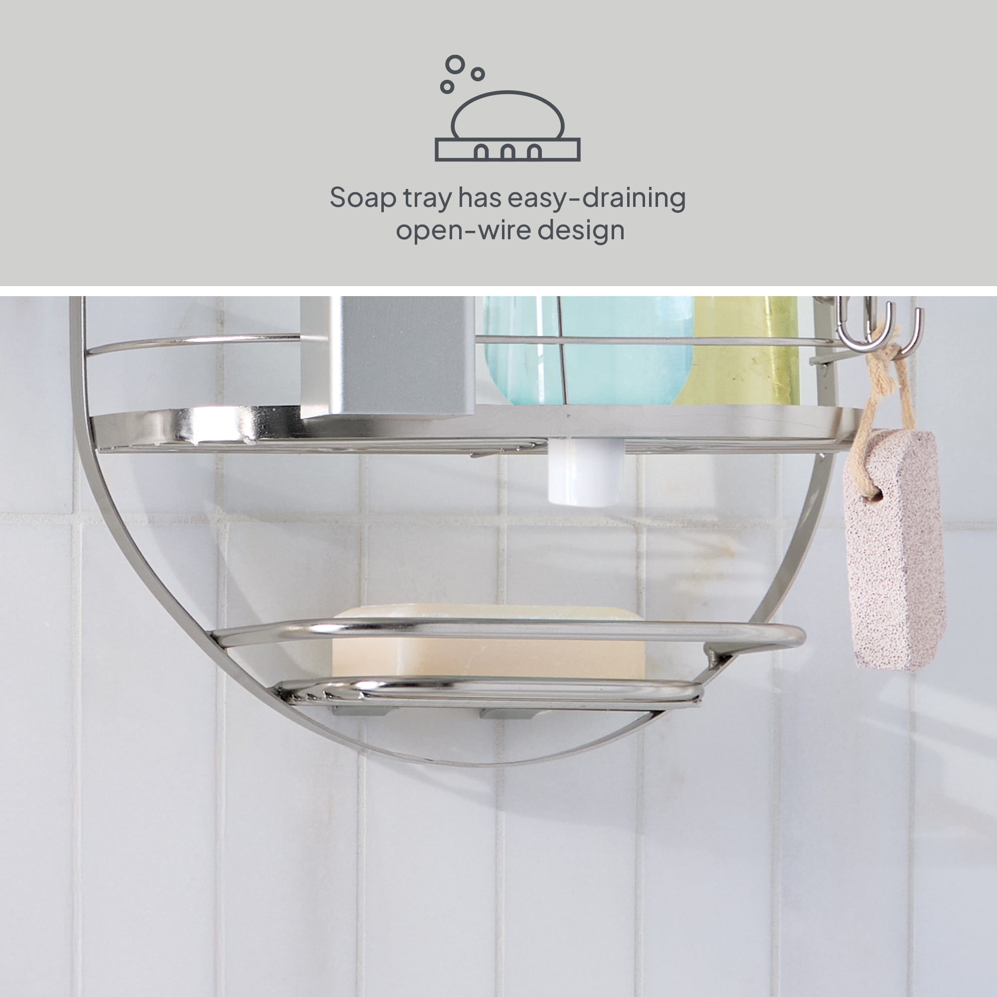 Better Homes & Gardens 2-Shelf Oval Hanging Shower Caddy with Soap Tray, Satin Nickel