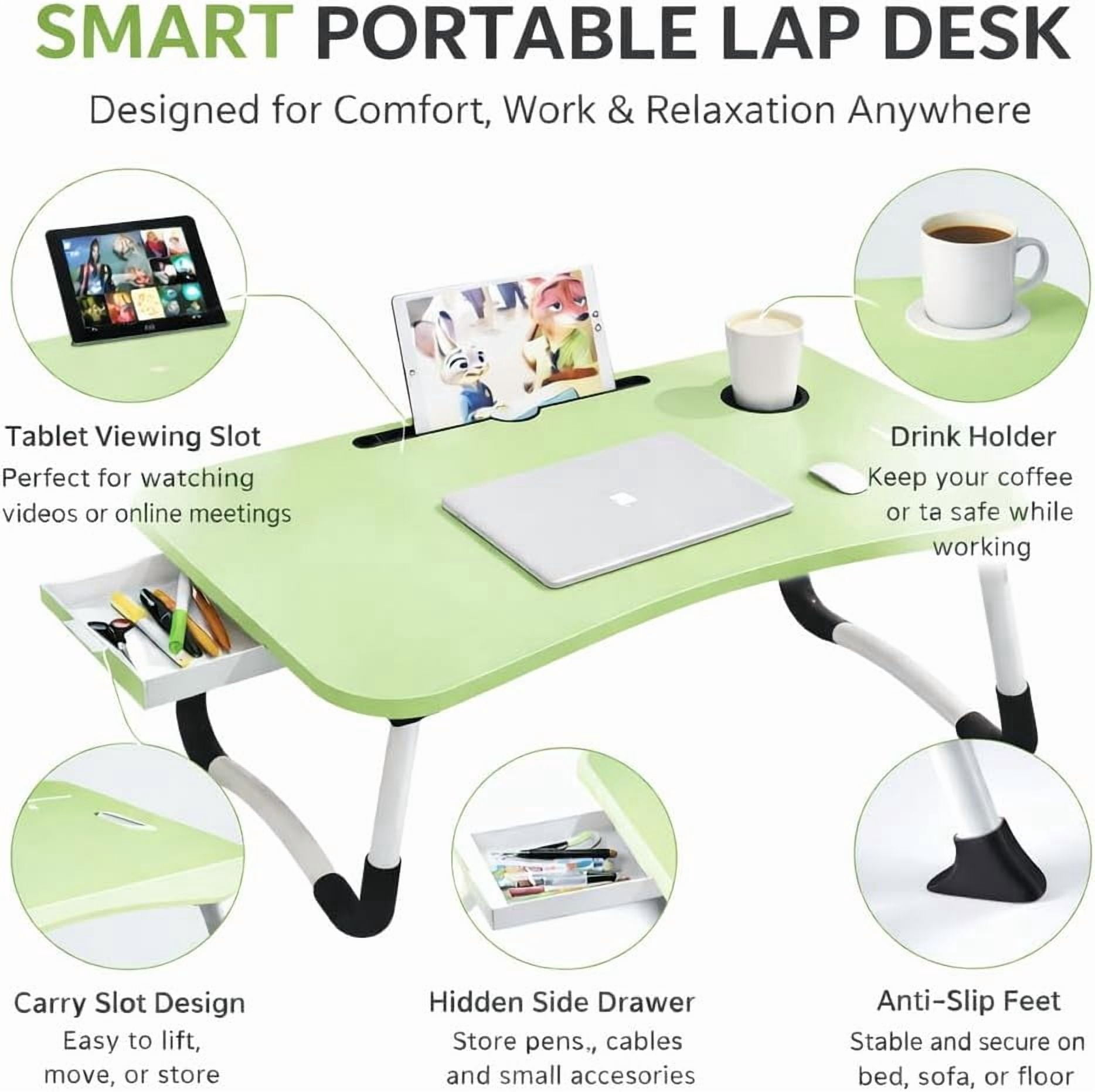 WSA Foldable Lap Desk with Drawer & Cup Holder, 23.6” Portable Laptop Bed Tray Table with Tablet Slot, Non-Slip Laptop Desk for Bed Couch Sofa, Working Writing Eating Breakfast (Green)